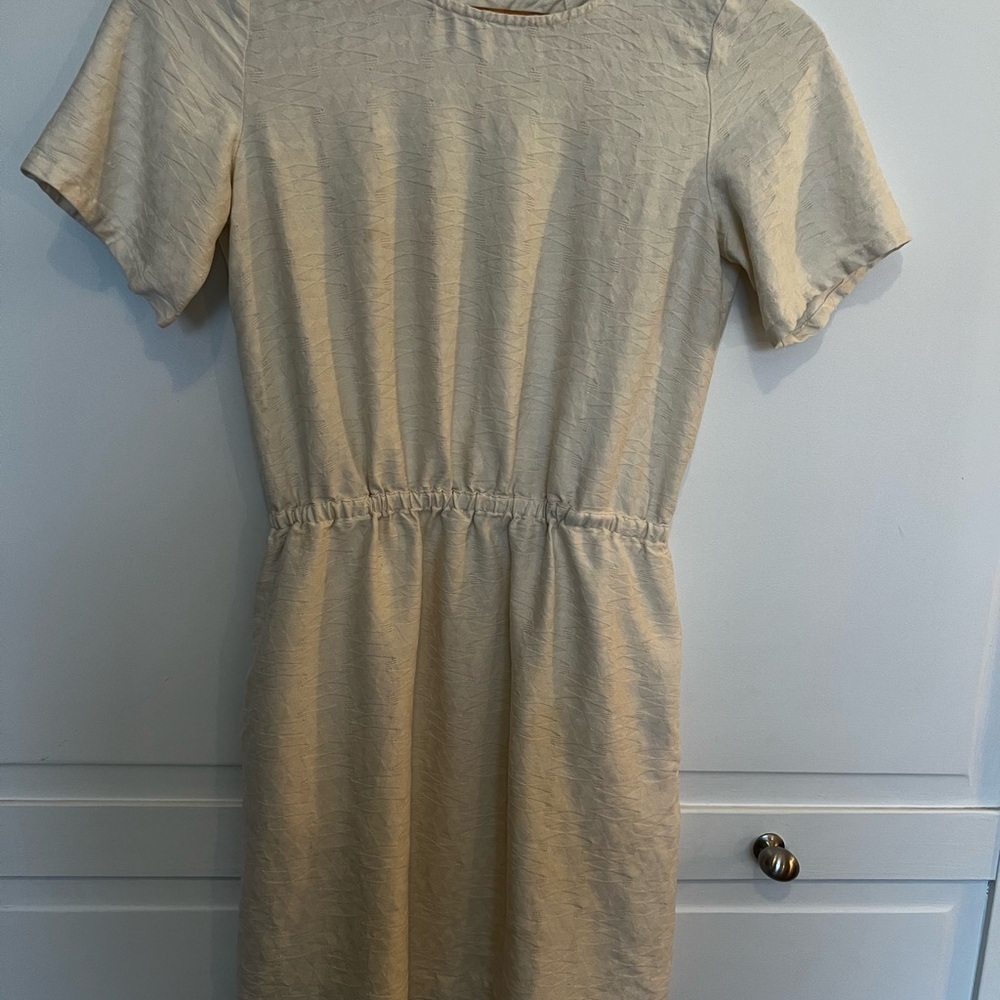 Madewell Dress Women's XS Graphic Print Cream Short Sleeve Silk Mini Open Back